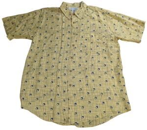Y2K Irvine Park Mens L Silk Shirt Yellow Blue Geometric Print Short Sleeve